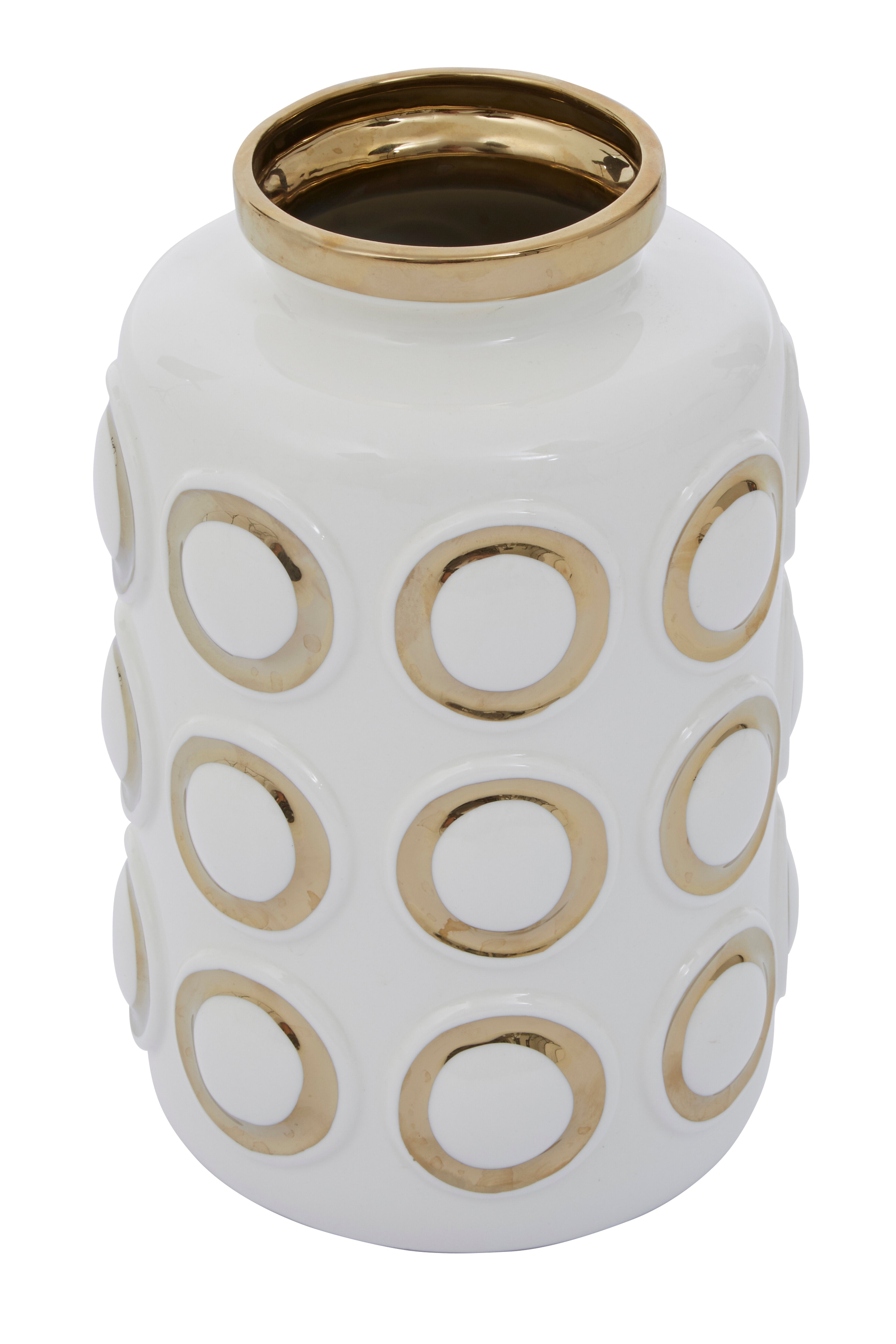Torello White & Gold Embossed Rings Ceramic Vase | Small